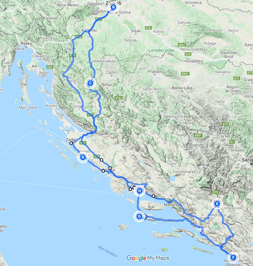Mapa la Gran Ruta de Croacia en coche de alquiler