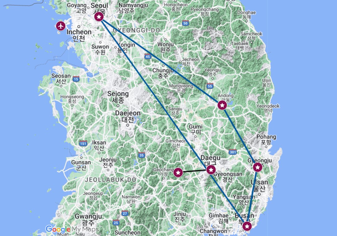 Mapa Gran Ruta de Corea del Sur en tren