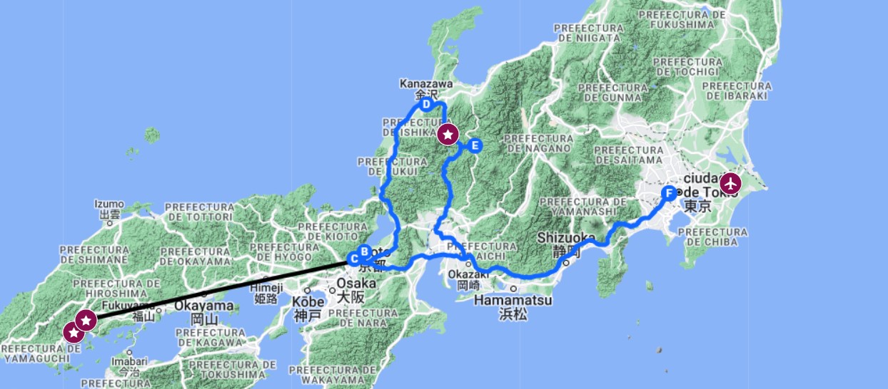Mapa Gran Ruta Nipona en Japón